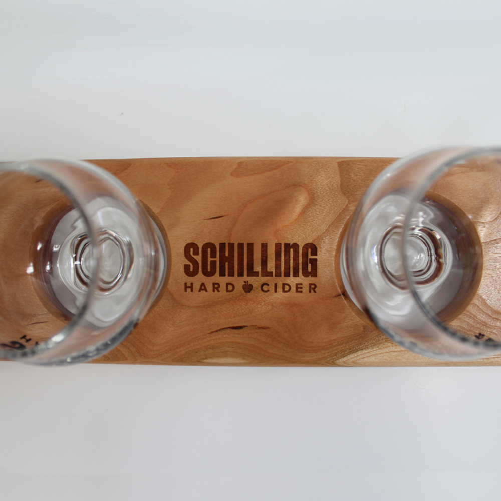 SCHILLING WOODEN FLIGHT BOARD - GLASSWARE INCLUDED