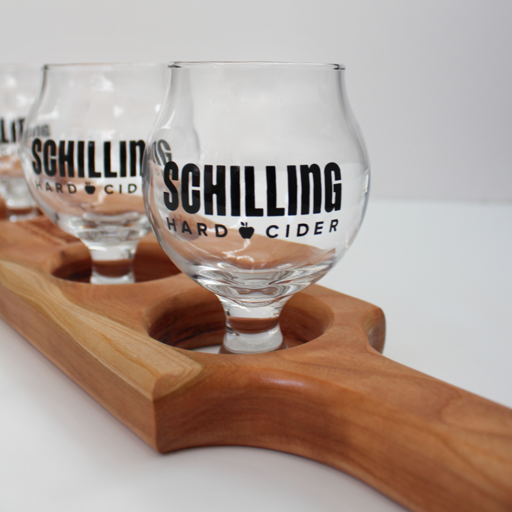 SCHILLING WOODEN FLIGHT BOARD - GLASSWARE INCLUDED